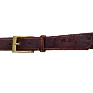 Ceinture en cuir marron 30 mm, piqûre orange, boucle laiton satiné. Fabriquée artisanalement en France, en Vendée - Global.
