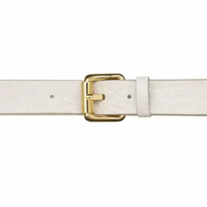Ceinture brute en cuir blanc, largeur 20 mm, boucle dorée. Fabriquée artisanalement en France, dans notre atelier en Vendée. Vue boucle.