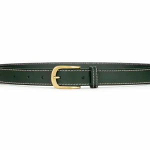 Ceinture en cuir pleine fleur vert foncé pour femme/homme, piqûre décorative jaune, largeur 30 mm, boucle laiton vieilli. Fabrication artisanale. Global.