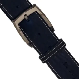 Ceinture en cuir pleine fleur bleu marine pour homme, piqûre décorative beige, largeur 40 mm, boucle argent satiné. Fabrication artisanale en France, Boucle.