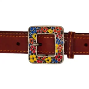 Ceinture en cuir pleine fleur marron rouille pour femme, piqûre décorative orange, largeur 25 mm, boucle à fleurs multicolore. Fabrication artisanale. Boucle.