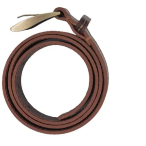 Ceinture en cuir marron teintée camel, avec piqure décorative camel. Fabrication artisanale dans notre atelier en Vendée, France. Ici, vue de la tranche.