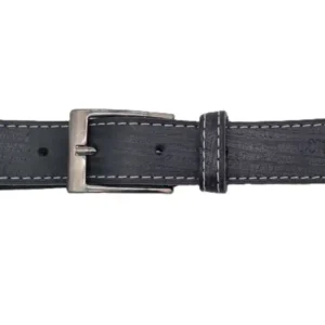 Ceinture en cuir noir et gris 30 mm, piqûre bleu, boucle argent satiné. Fabriquée artisanalement en France, en Vendée - Global.