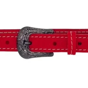 Ceinture fine en cuir pleine fleur rouge pour femme, piqûre décorative beige, largeur 20 mm, boucle à fleurs discrètes. Fabrication artisanale. Boucle.