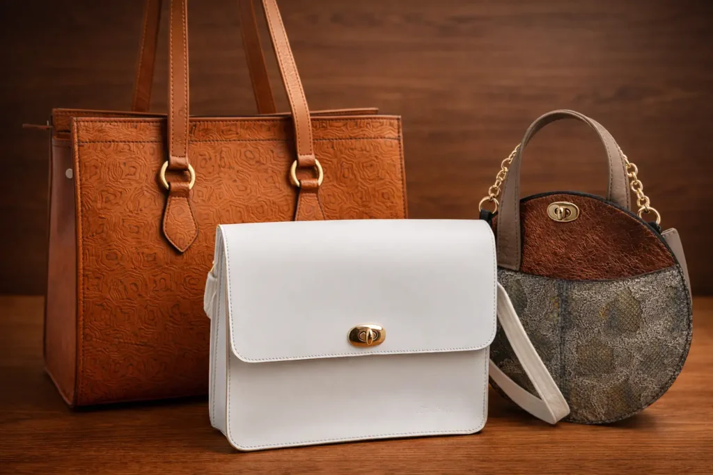 Sacs en cuir pour femme : grand sac cabas rigide, sac compact blanc-doré, sac rond python-doré - Fabrication artisanale en Vendée en France - Magali Billy