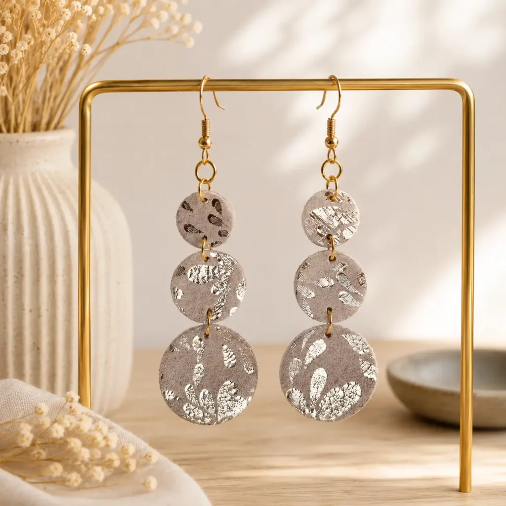 Boucles d'oreilles en cuir pendantes, taupes et dorées.