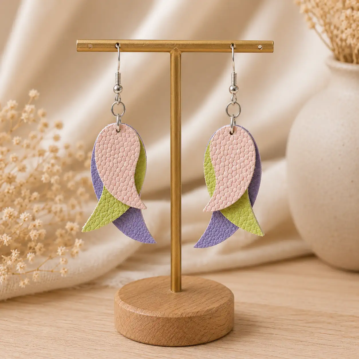 Boucles d'oreilles en cuir rose poudré, vert anis et lavande M-Billy