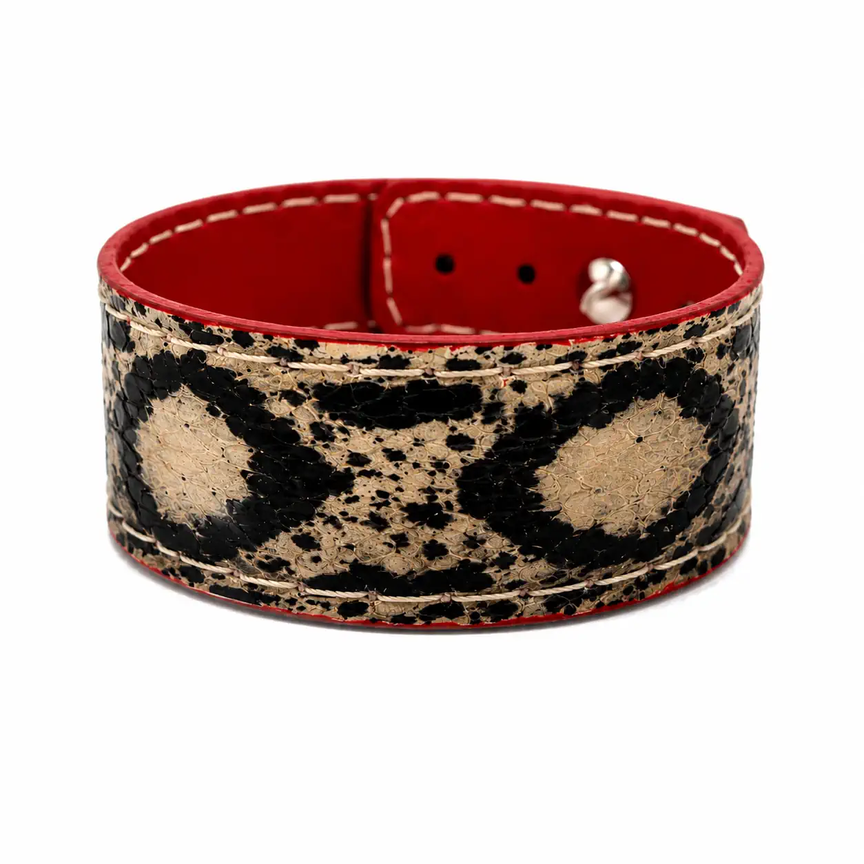 Bracelet artisanal en cuir de serpent noir et beige doublé de cuir de veau rouge