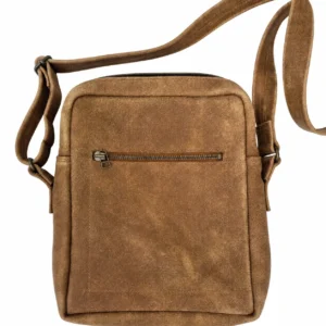 Sacoche homme artisanale en cuir marron clair patiné avec poche extérieure zippée - vue de face