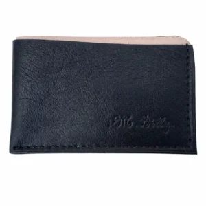 Porte-cartes fin en cuir noir lisse et cuir taupe, format compact avec poche centrale.