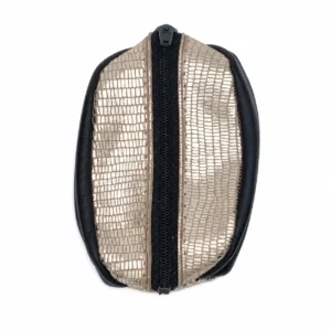 Porte-monnaie artisanal en cuir noir et doré avec fermeture zippée centrale – vue de face