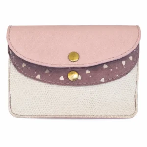 Portefeuille femme en cuir à rabats format moyen rose poudré, vieux rose à cœurs dorés et beige texturé - vue de face