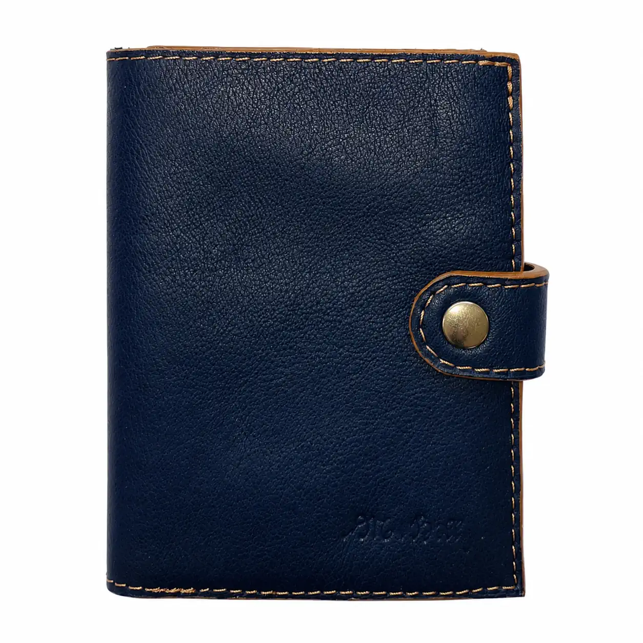 Portefeuille homme en cuir bleu marine et camel à 3 volets avec fermeture par bouton pression.