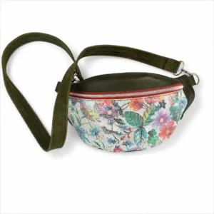 Sac banane artisanal en cuir kaki et cuir fleuri multicolore vu de face