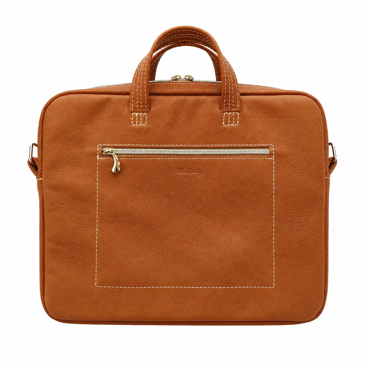 Sac ordinateur artisanal en cuir pleine fleur grainé camel avec petite poche extérieure zippée.
