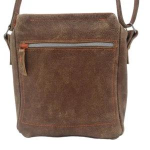 Sacoche homme en cuir marron clair patiné avec poche extérieure zippée et piqûres orange, vue de face.